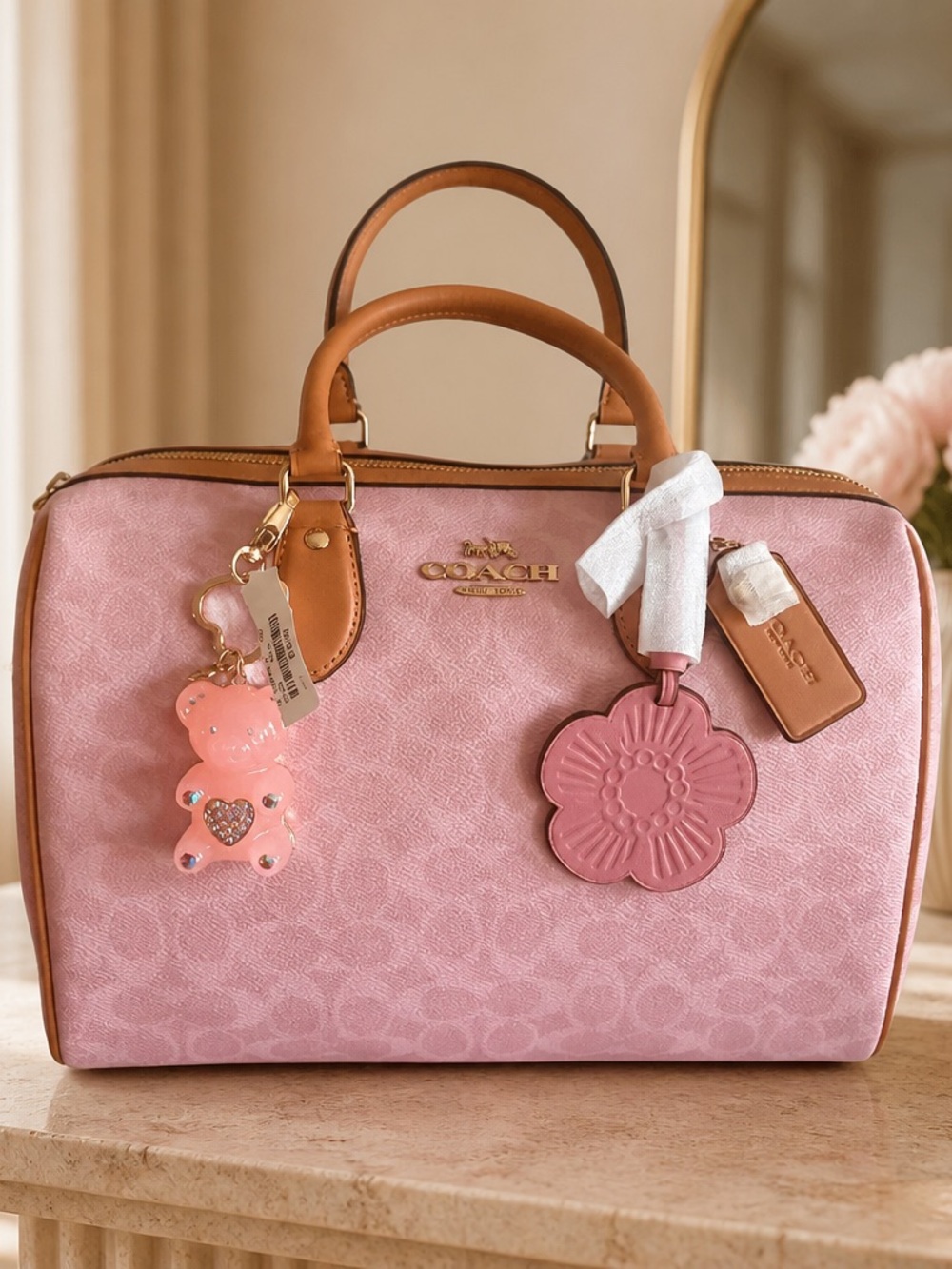 Coach Powder Pink Large Rowan Satchel with Tan Leather Trim and Gold Hardware